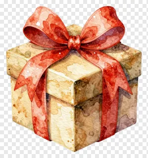 A watercolor-style gift box with a red bow.