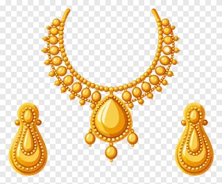 A gold necklace and earrings set with teardrop pendant design.