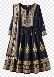 A black dress with gold embroidery details.