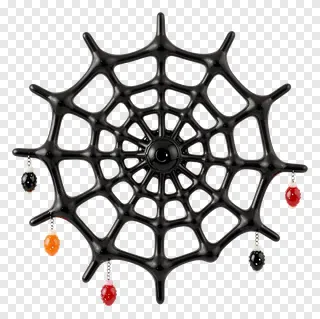 Glossy black spiderweb hanging with red, orange, and black candies.