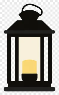 Black lantern with a yellow light inside.
