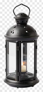 Black metal lantern with lit candle inside.