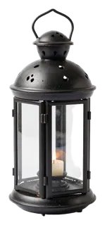Black metal lantern with lit candle inside.