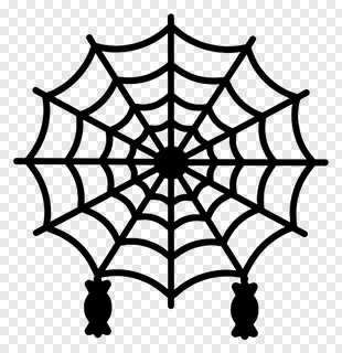 A black spiderweb with dangling candy on a white background.