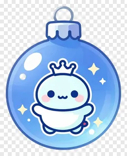 A blue Christmas ornament with a cute crowned character inside.