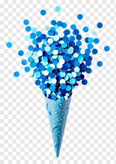 A blue confetti burst coming out of a paper cone.