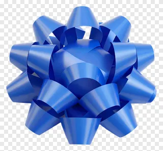 A blue bow with curled loops and tails.