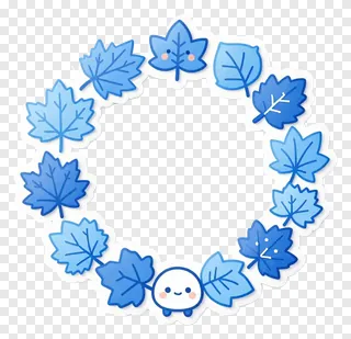 A blue kawaii-style wreath made of leaves with a small smiling character in the middle.