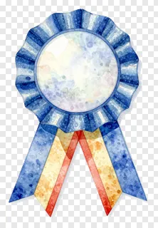 A watercolor-style tricolor ribbon badge with blue, yellow, and red elements.