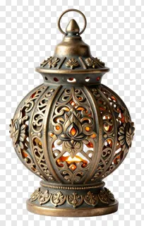 A bronze lantern with filigree cutouts and a glowing interior.