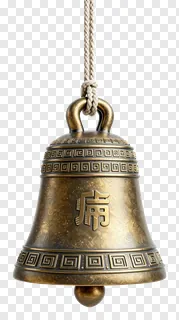 A bronze temple bell hanging from a rope.