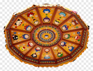A decorated pandal ceiling with cartoon characters.