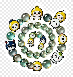 Spiral of glass beads with cartoon characters.