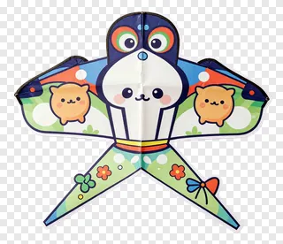 A colorful paper kite with a large cartoon cat and two small cats on its wings.