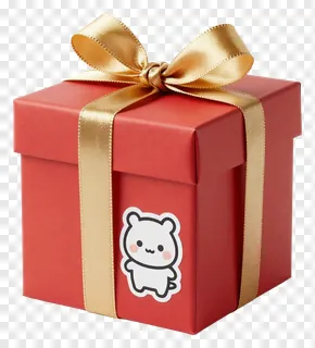 Red gift box with gold ribbon and bear sticker.