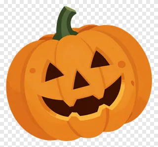 A smiling carved pumpkin with a green stem.