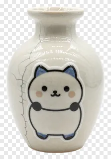 A ceramic vase with a crackled finish and a cartoon cat design.