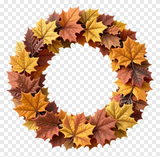 Circular wreath of autumn maple leaves with dew drops.