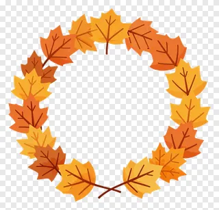 Circular wreath of autumn maple leaves in gradient orange and yellow.