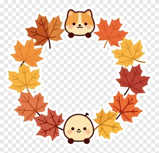 Circular autumn leaf wreath with kawaii animals.
