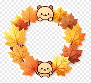 Circular autumn leaf wreath with two kawaii bear faces.
