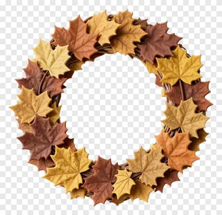 Circular wreath of autumn maple leaves with textured surface.