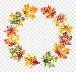 Circular wreath made of autumn maple leaves with watercolor effect.