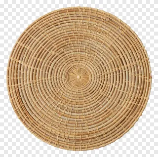 A circular woven rattan mat with radial patterns.