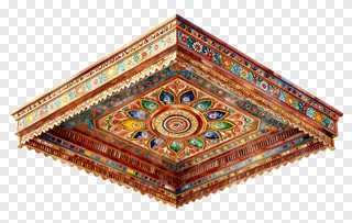 A colorful, ornate pandal ceiling with floral designs.