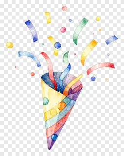A watercolor party popper releasing colorful confetti.