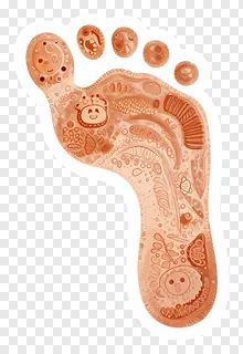 Decorative foot-shaped pattern with smiling faces and floral designs.