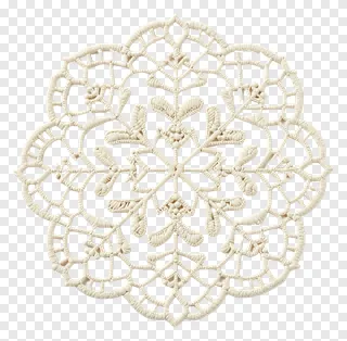 A cream-colored lace doily shaped like a snowflake.