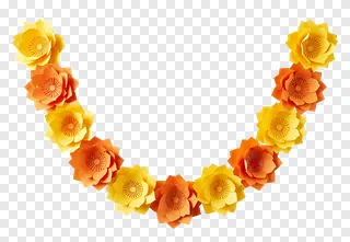 A curved garland made of orange and yellow paper flowers.