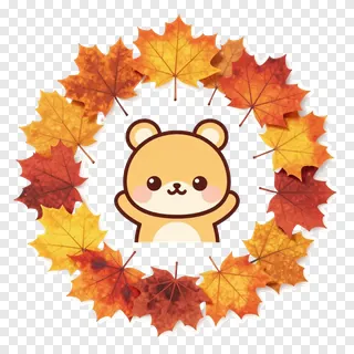 A cute cartoon bear surrounded by autumn leaves in a wreath.