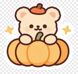 A cute cartoon bear sitting inside a pumpkin.