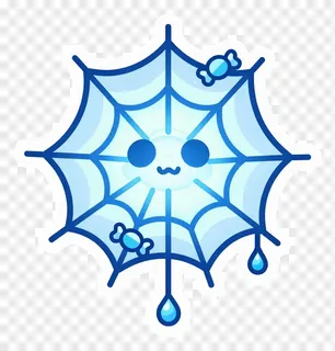 A cute blue spiderweb with a face and dangling candy.
