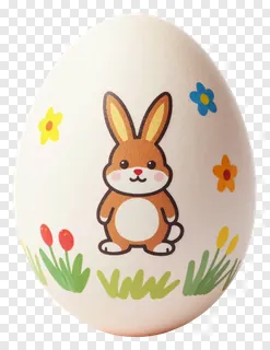 A decorated Easter egg with a cartoon rabbit and flowers.
