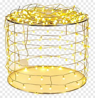 Cylindrical wire frame decorated with warm fairy lights.