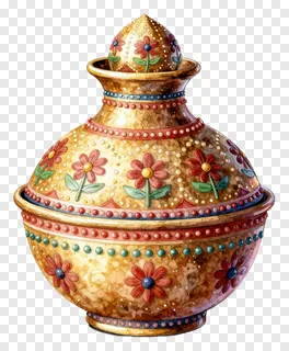 A decorated karwa pot with red flowers and beaded patterns.