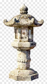 A decorative stone lantern with carved patterns and a glowing center.