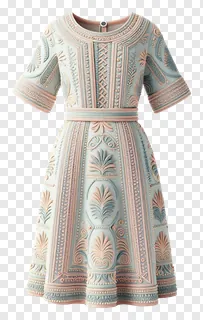 A dress with elaborate embroidered patterns in pastel colors.