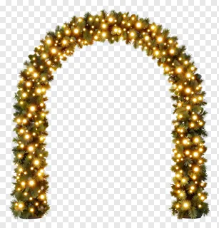 A festive arch decorated with golden lights and greenery.