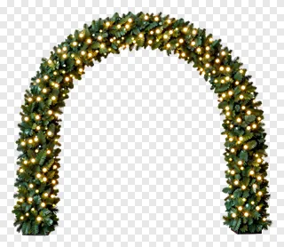 Festive arch decorated with green pine and warm lights.