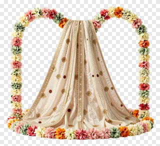 A floral arch with embroidered fabric hanging from it.