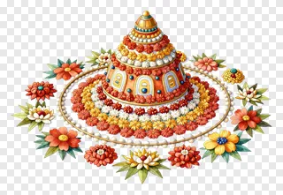 A colorful kolam rangoli with flowers and beads.