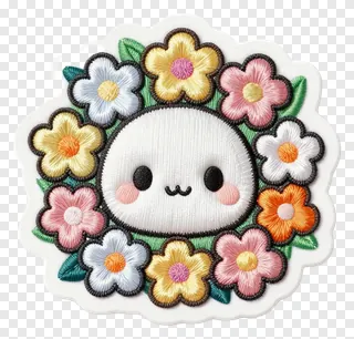 Embroidered patch with a smiling face and floral wreath.