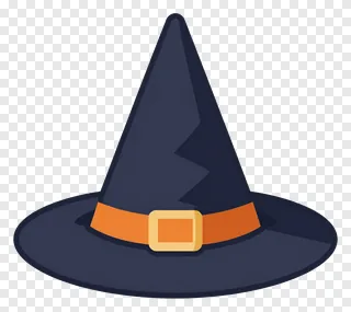 A dark witch hat with an orange belt.