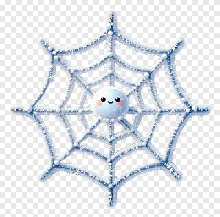 A frost-covered spiderweb with a smiling snowball in the center.
