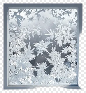 Frost patterns on a window pane with a light frame.