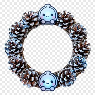 A wreath of frosted pinecones with two cartoon faces.